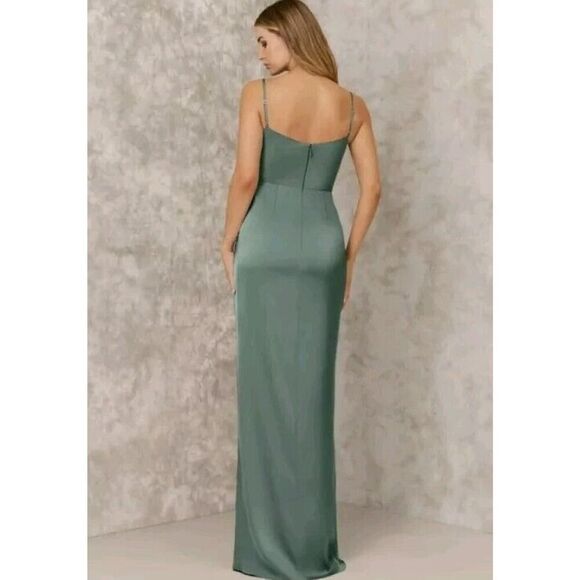 Azazie X Kendall + Kylie Green Sheath Pleated Stretch Satin Floor Length Dress O - Picture 5 of 16